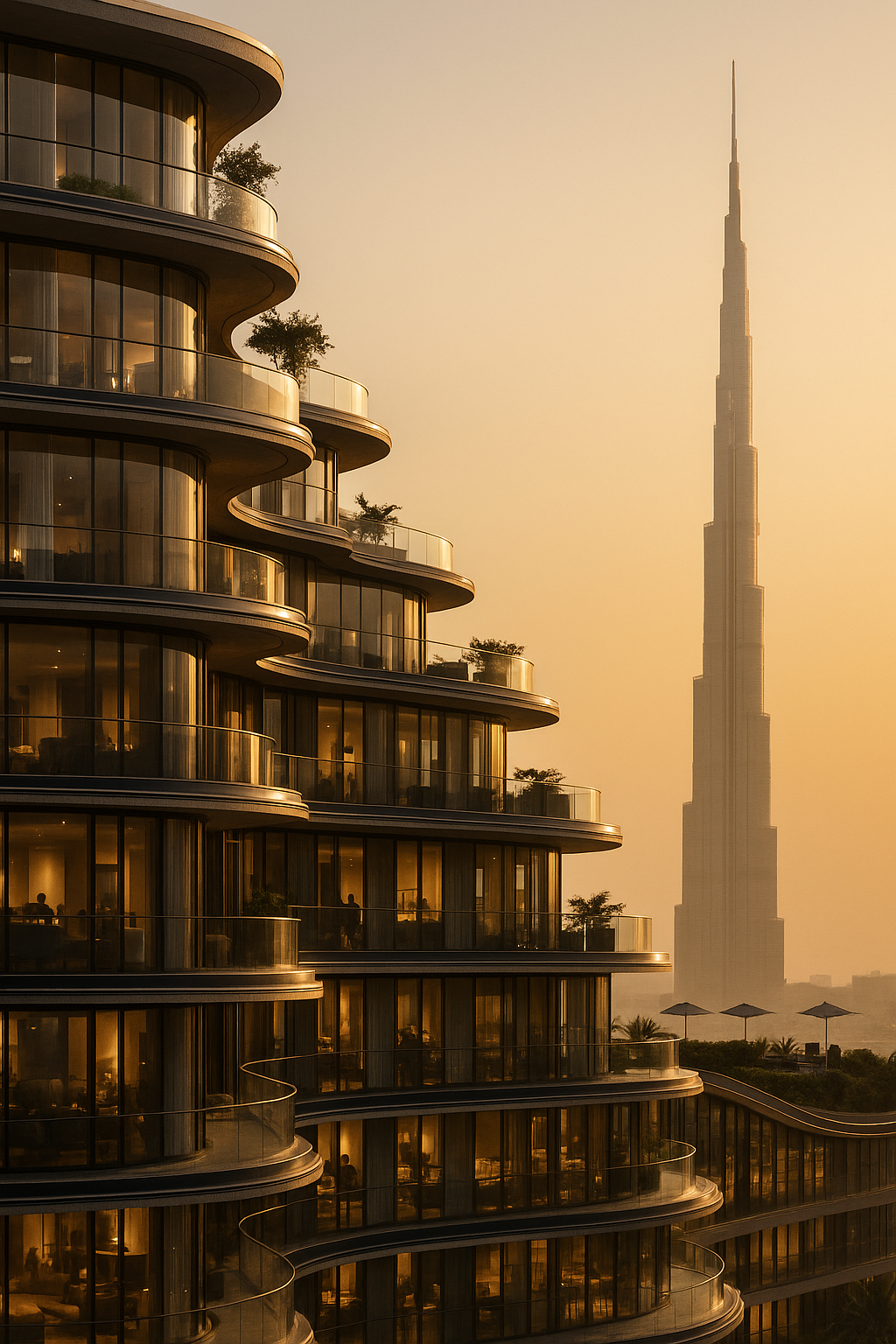 Luxury apartments with Burj Khalifa view at golden hour