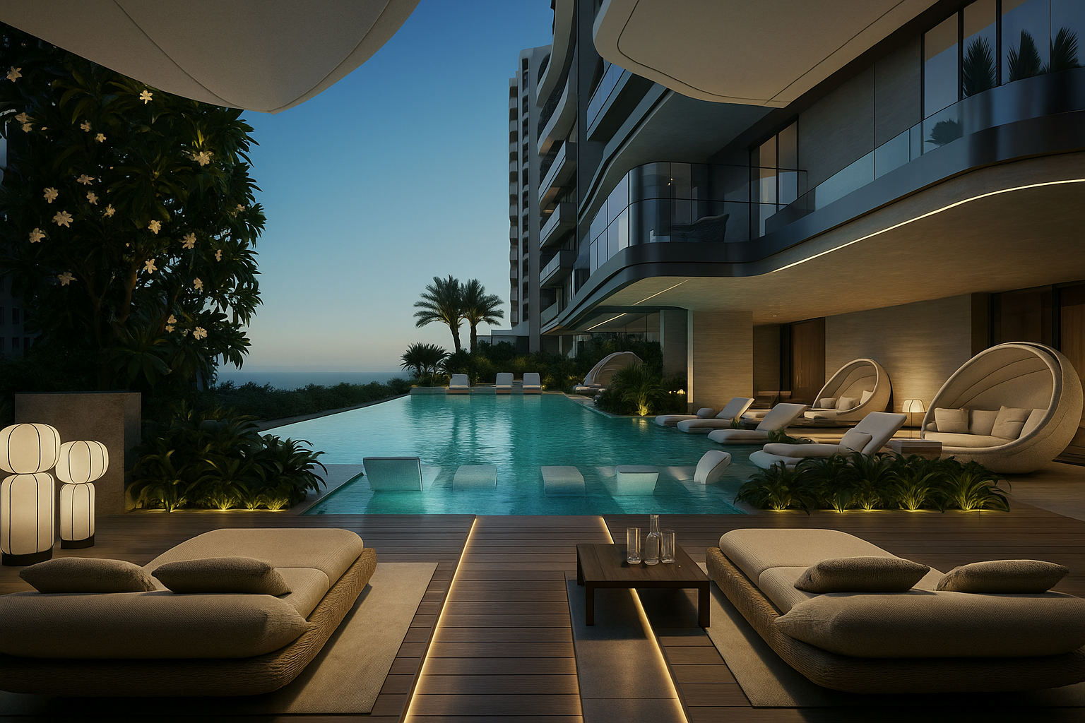 Binghatti Venice infinity pool with Dubai skyline views